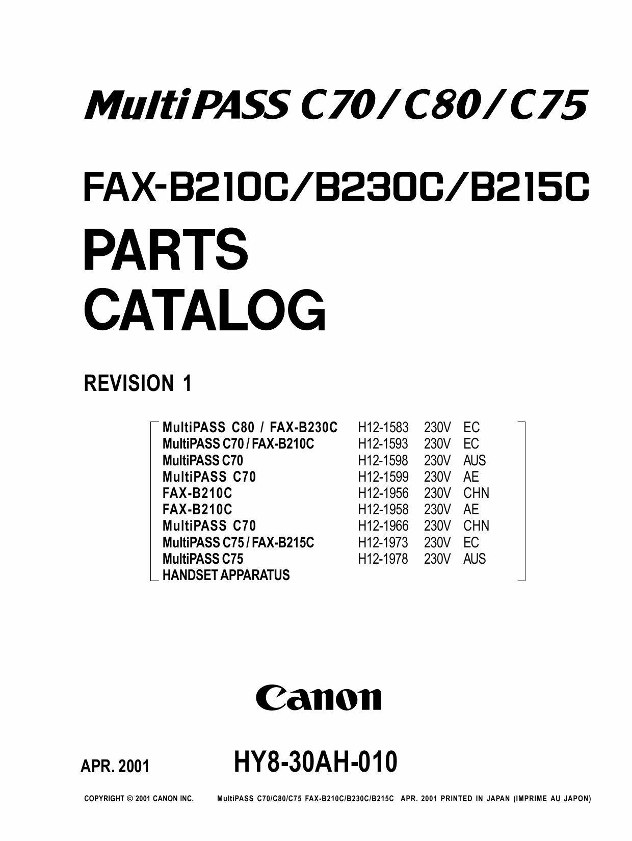 Canon FAX B210C B230C B215C Parts Catalog Manual-1